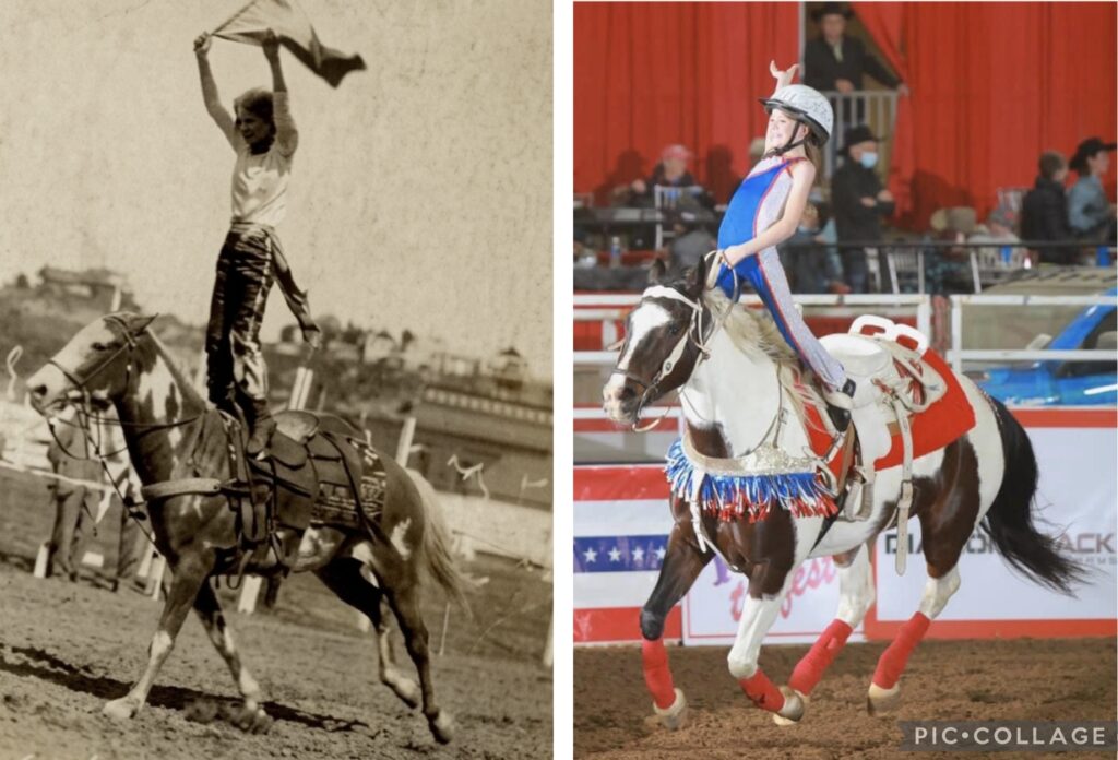 Cousin Malee Harding in 1930 at age 10 performing at the Calgary Stampede and Liberty performing at the same age in 2021.