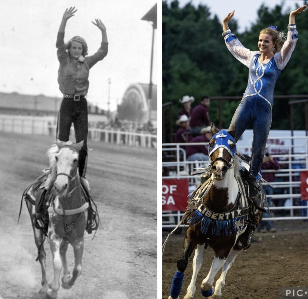 Cousin Malee Harding performing in 1935 in at age 15 at the Midland Empire Fair and Rodeo in Billings, Montana and Liberty performing at the same age in 2026.